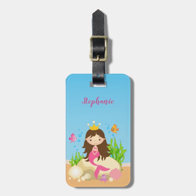 Unter Meer Niedlicher Brünetter Mermaid-Individuel Gepäckanhänger (Vorderseite vertikal)