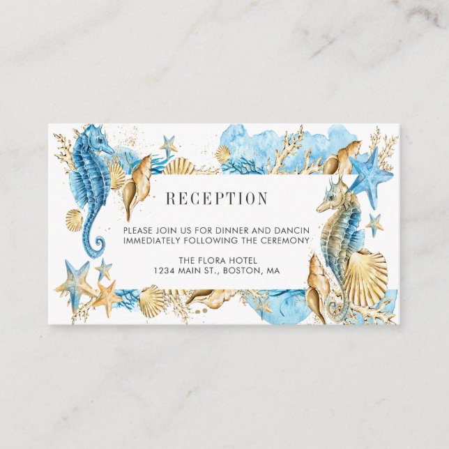 Unter Sea Blue Gold Sommerhochzeit Empfang E Begleitkarte (Vorderseite)