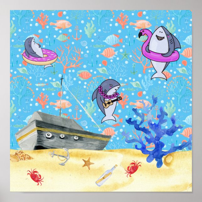 Unter Wasser Tiefseehai Party Zeit Kinder Poster (Vorne)