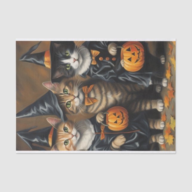 Unterhalb: Dekoupage der Trick-oder-Treaters-Katze Seidenpapier (Vorderseite)