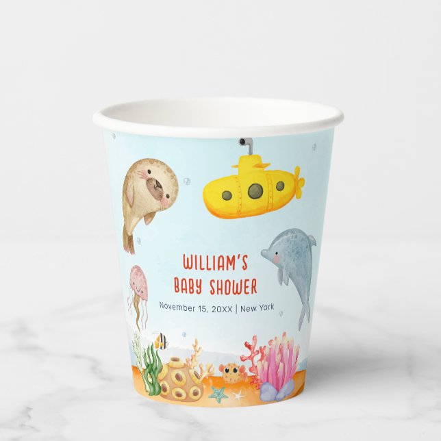 Unterhalb der maritimen Babydusche Pappbecher (Vorderseite)