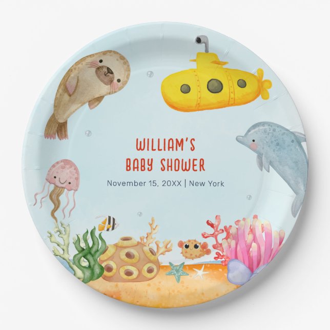 Unterhalb der maritimen Babydusche Pappteller (Vorderseite)