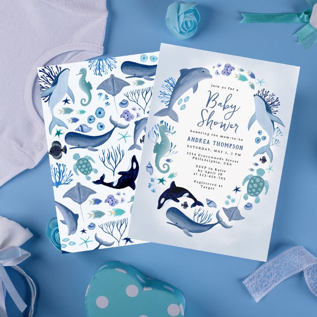Unterhalb des Blue Watercolor Baby Dusche für Jung Einladung (Von Creator hochgeladen)