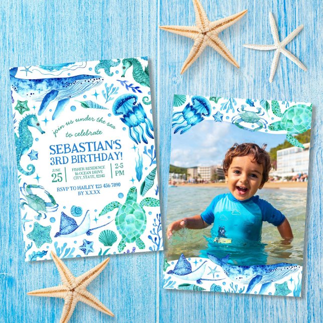 Unterhalb des Fotos der Meerestiere Einladung (Under The Sea Ocean Animals Watercolor Photo Invitation)