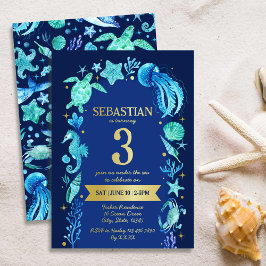 Unterhalb des Meeres Aquarell Sea Life Navy Blue Folieneinladung