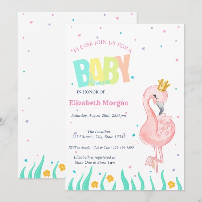 Unterhalb des Meeres, Baby Flamingo Babydusche Einladung (Vorne/Hinten)