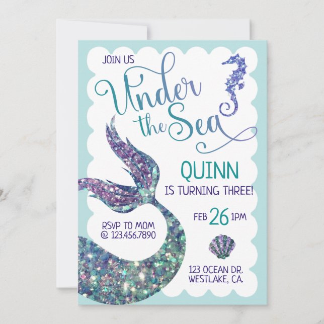 Unterhalb des Meeres, Mermaid Birthday, Splash Einladung (Vorderseite)