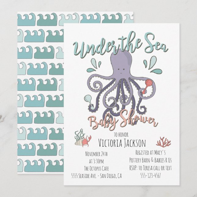 Unterhalb des Octopus Babyduschens Einladung (Vorne/Hinten)