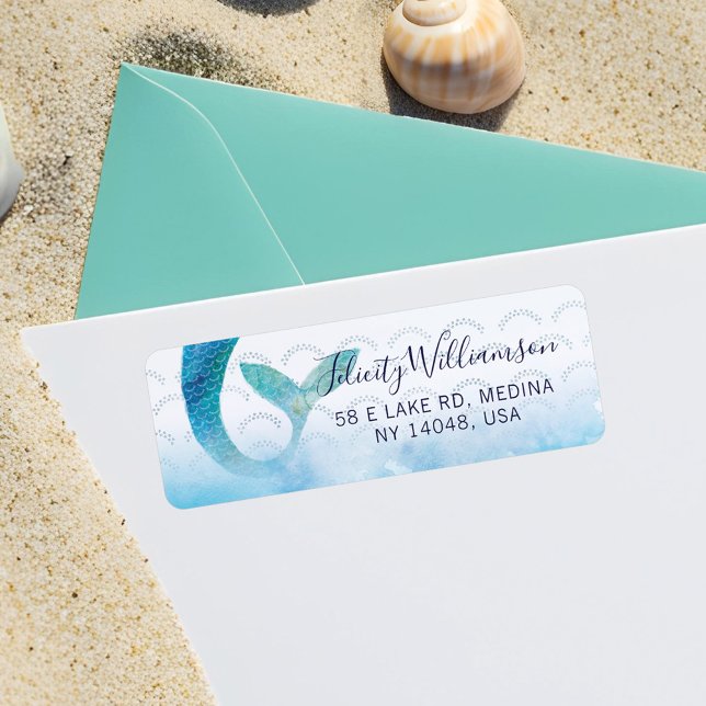 Unterhalb des Ozeans Aquarell Meerjungfrau Babydus (Under The Sea Ocean Watercolor Mermaid Baby Shower Label)