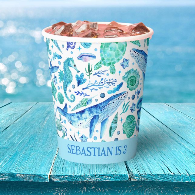 Unterhalb des Party Aquarellwald, Seepferd, Pappbecher (Under the Sea Party Watercolor Whale, Seahorse, Paper Cups)