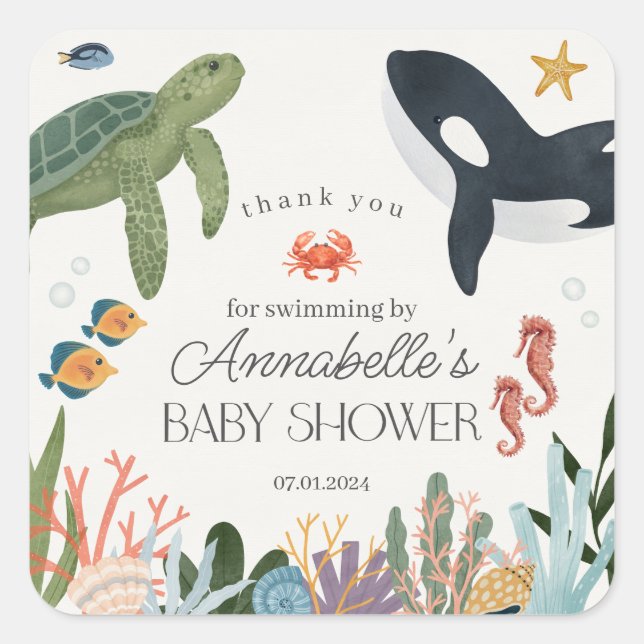 Unterhalb des Sea Ocean Baby Shower Lieblings-Aufk Quadratischer Aufkleber (Vorderseite)