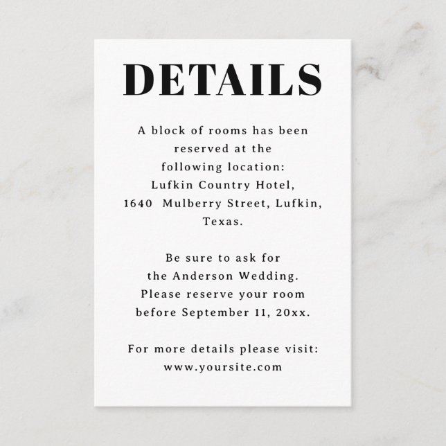 Unterkunft zur Hochzeit. Hotel-Details und Informa Begleitkarte (Vorderseite)
