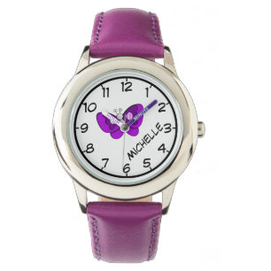 Unterrichten Sie, um Zeit, lila Armbanduhr