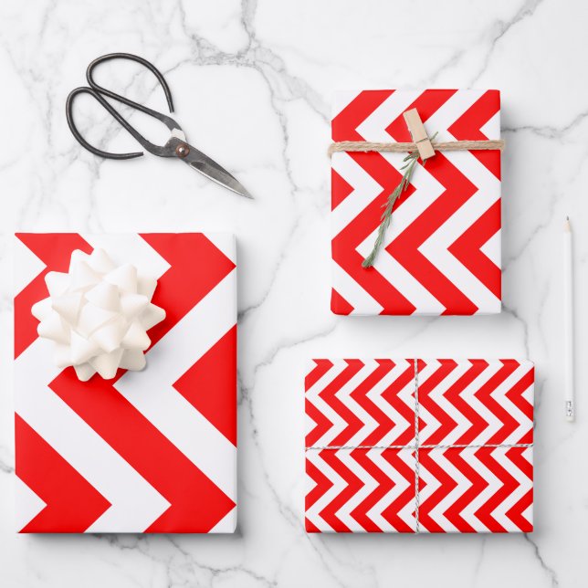 Unterschiedliche rot-weiße Größen Vertikal Zickzac Geschenkpapier Set (Vorderseite)