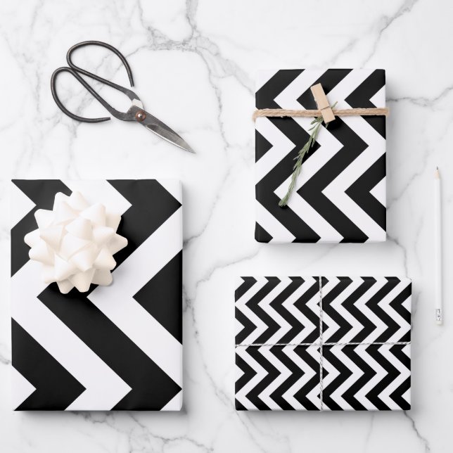 Unterschiedliche Schwarzweißgrößen Vertikal Zickza Geschenkpapier Set (Vorderseite)