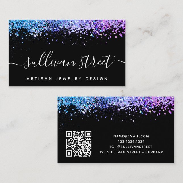 Unterschrift Script Glitter Glam QR Code Visitenkarte (Vorne/Hinten)
