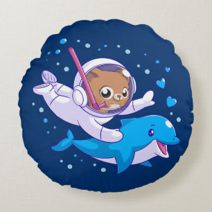 Unterseekatze und Delfin Rundes Kissen