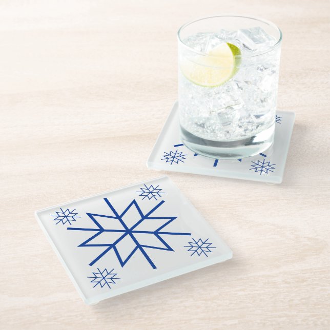 Untersetzer aus Glas - Blaue Schneeflocken (Schrägansicht)