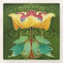 Untersetzer aus Glas, gelb, floral Art Nouveau
