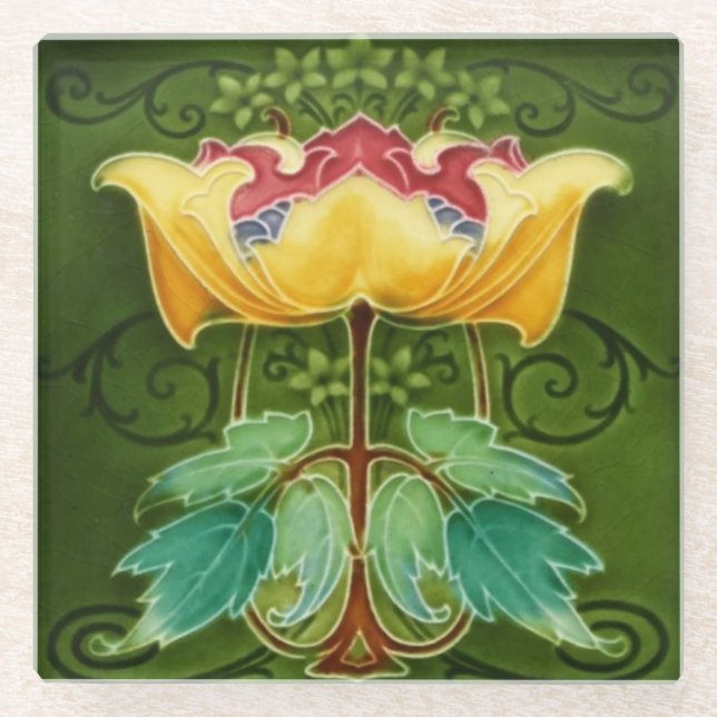 Untersetzer aus Glas, gelb, floral Art Nouveau (Vorderseite)