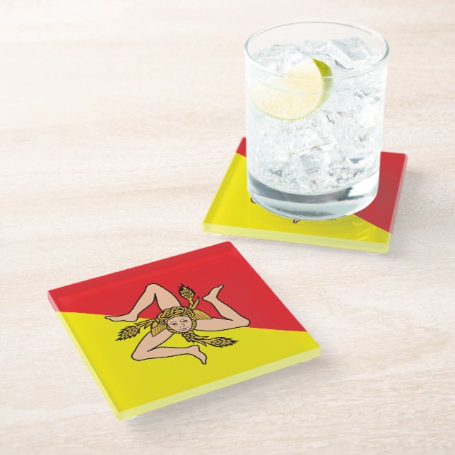 Untersetzer aus Glas mit der Flagge Siziliens, Ita (Schrägansicht)