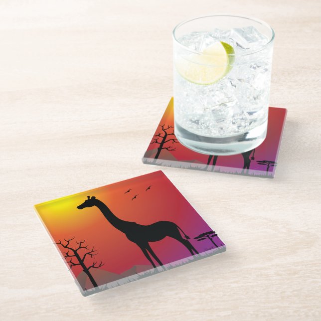 Untersetzer aus Glas mit Giraffe im Sonnenuntergan (Schrägansicht)
