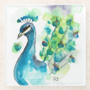 Untersetzer aus Glas - Wasserfarben aus Pfau