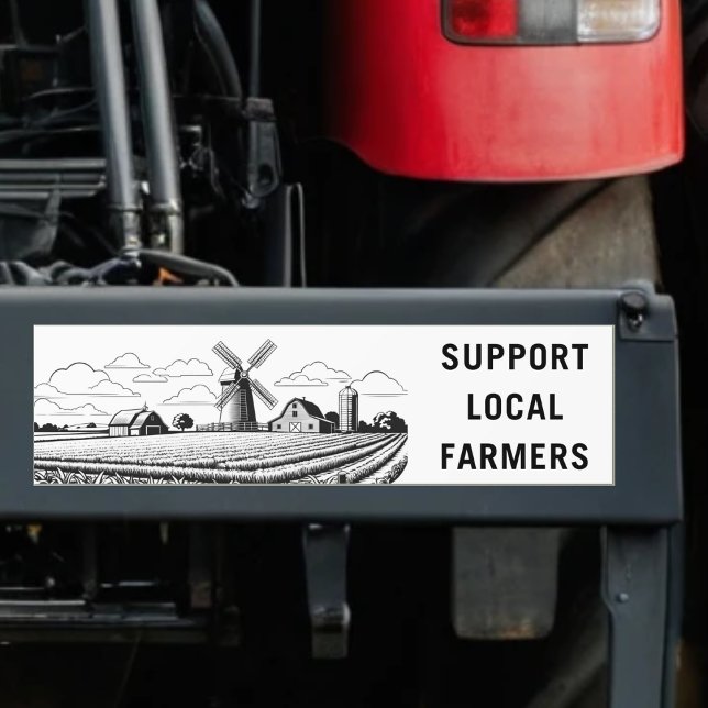 Unterstützung lokaler Bauer Landwirtschaft Autoaufkleber (A bumper sticker with 'Support Local Farmers' slogan, with line art picture of farmland and windmill)