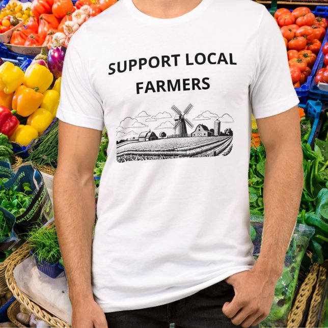 Unterstützung lokaler Bauer Landwirtschaft Tri-Blend Shirt (A t-shirt with 'Support Local Farmers' caption and line art arable farm picture with windmill)
