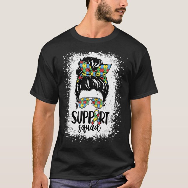 Unterstützung Squad Messy Bun Puzzle Pieces Autism T-Shirt (Vorderseite)