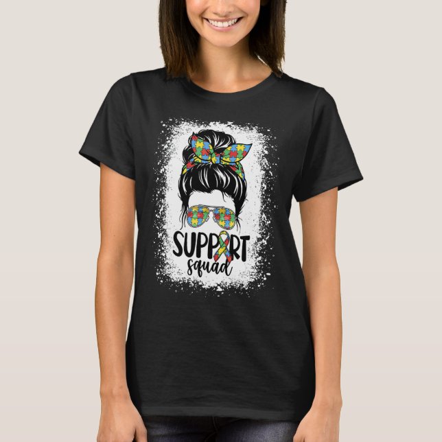 Unterstützung Squad Messy Bun Puzzle Pieces Autism T-Shirt (Vorderseite)