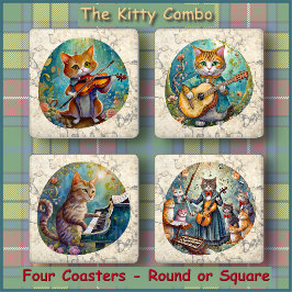 UNTERTASSEN-SET (4) - Kitty Combo - Rund/Quadrat Untersetzer Set