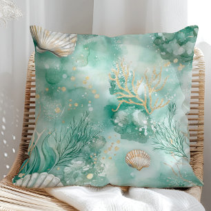 Unterwasser-Korallen und -Muscheln in Teal-Aquarel Kissen