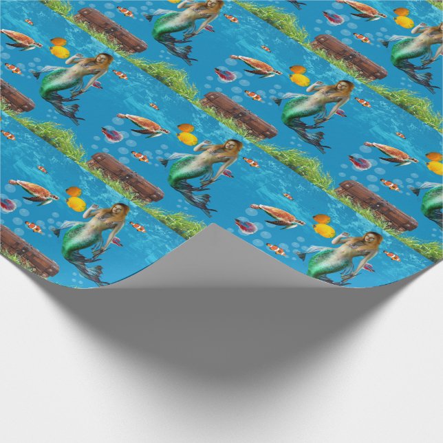 Unterwasser Meerjungfrau Schatzsuche Fantasy Blue Geschenkpapier (Ecke)