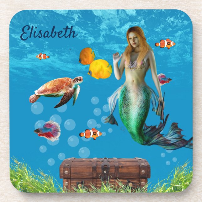 Unterwasser Meerjungfrau Schatzsuche Fantasy Blue Getränkeuntersetzer (Vorderseite)