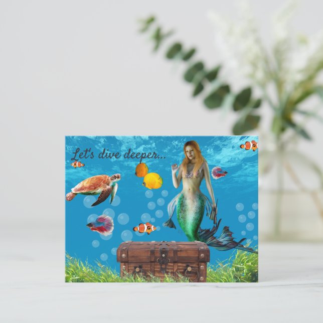Unterwasser Meerjungfrau Schatzsuche Fantasy Blue Postkarte (Stehend Vorderseite)