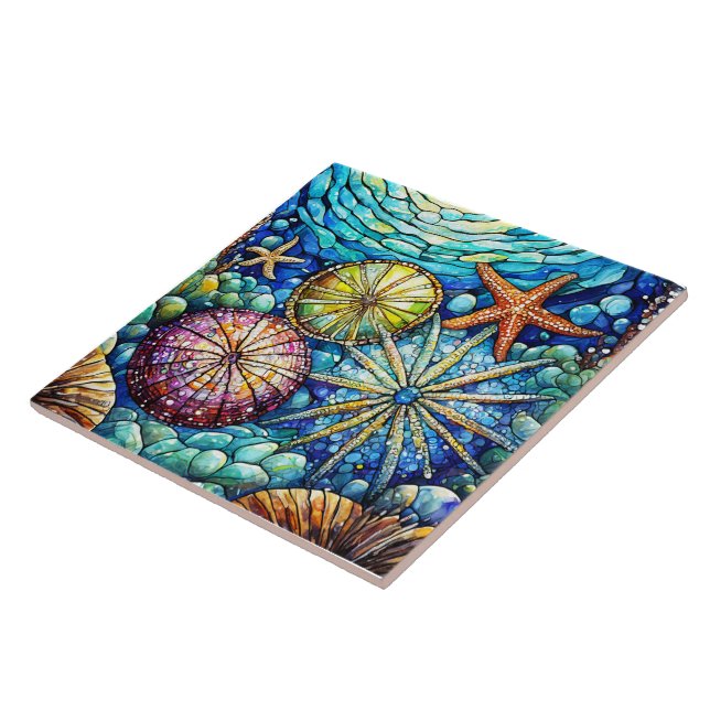 Unterwasser Starfish und Seeigel Gestaltete Glasku Fliese (Seite)