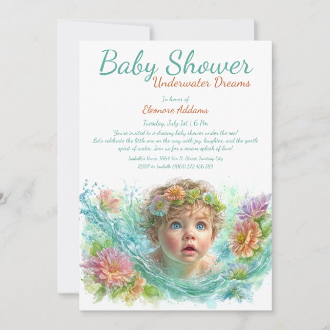 Unterwasser Träume Wasserfarben Babydusche Einladung (Vorderseite)