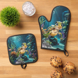 Unterwasserabenteuer mit der fröhlichen Schildkröt Ofenhandschuh & Topflappen-Set