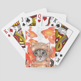 Unterwasseratemgerät-Katze unter den Fischen Spielkarten