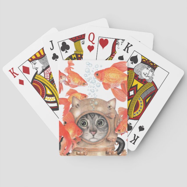 Unterwasseratemgerät-Katze unter den Fischen Spielkarten (Rückseite)