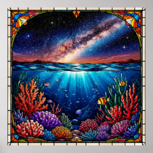 Unterwasserkorallen mit sternenklaren Himmel darüb Poster