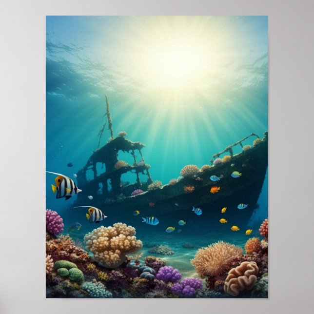 Unterwasserschiff auf einem Riff Poster (Vorne)