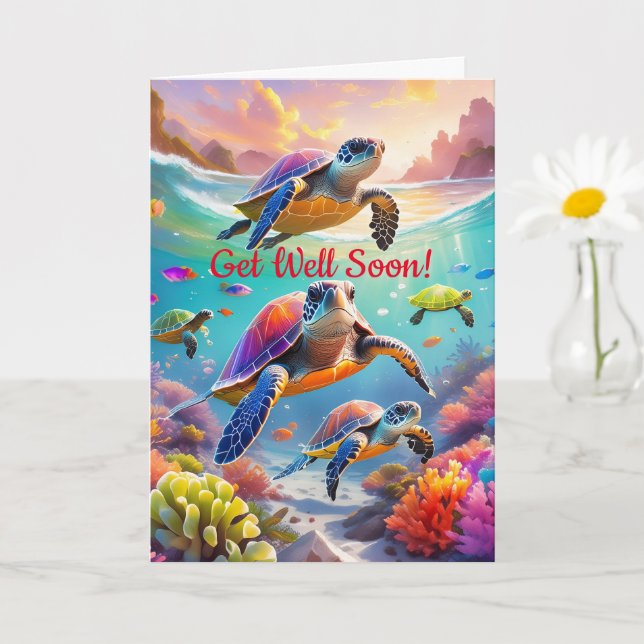 Unterwasserschildkröten, 5" x 7" geklappt Get Well Karte (Kleine Pflanze)