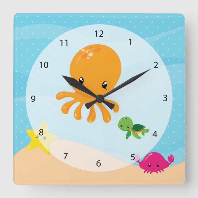 Unterwassertiere Quadratische Wanduhr (Vorderseite)
