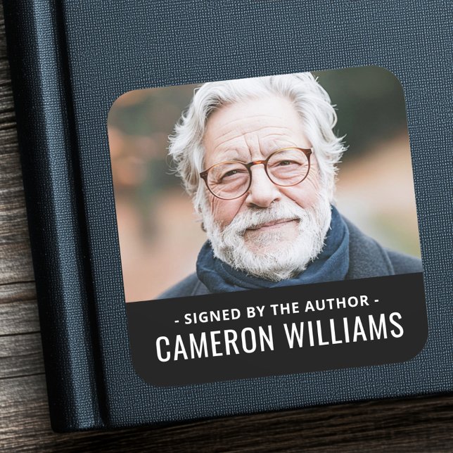 Unterzeichnet durch den Autor Foto Name schwarze G Quadratischer Aufkleber (Signed by the author photo name black border square sticker)