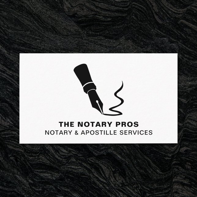 Unterzeichnung eines öffentlichen Notars Moderner  Visitenkarte (Modern fountain pen business card for a Notary. Shown on a dark background.)