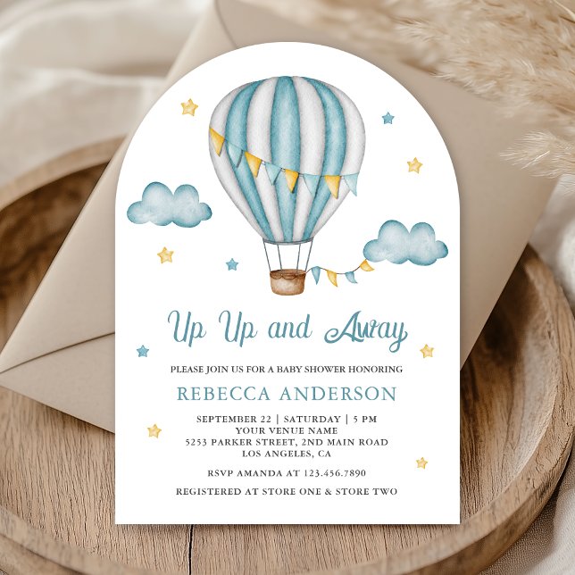Up and Away Blue Hot Air Ballon Babydusche Einladung (Von Creator hochgeladen)
