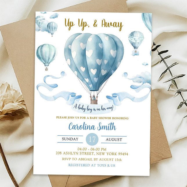 Up & Away Blue Hot Air Ballon Boy Baby Dusche Einladung (Von Creator hochgeladen)