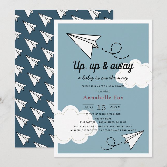 Up & Away Paper Flugzeug Blue Boy Baby Dusche Einladung (Vorne/Hinten)